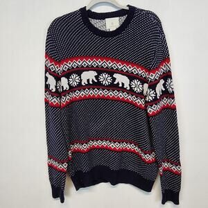 Aspen Mens Polar Bear Fair Isle Knit Sweater Size L Blue Red Long Sleeve Holiday